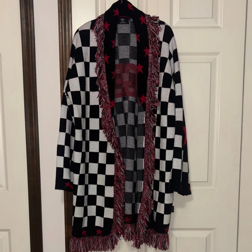 DIL legend Checkered Fringe Cardigan with Red Stars - Picture 2 of 6
